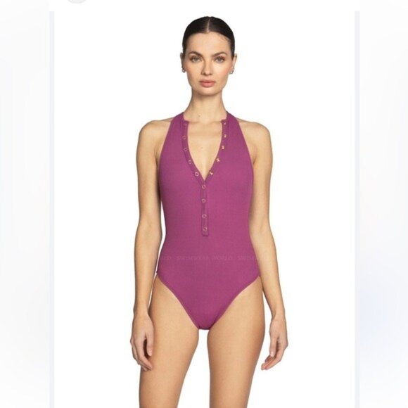 Robin Piccone Amy One-Piece Swimsuit Purple V High  Women’s Size 4 - Picture 1 of 12